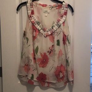 LOFT Cream and Pink Ruffled Sleeveless Blouse